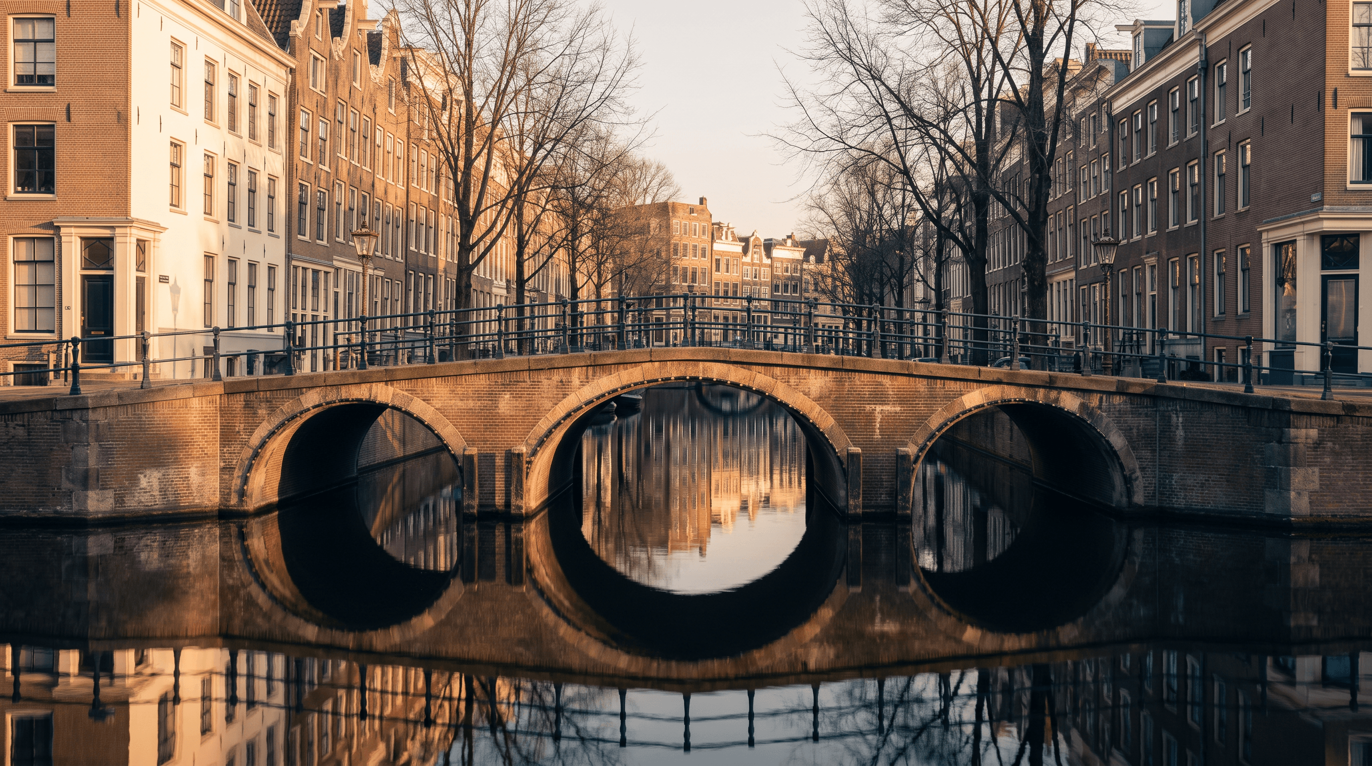Amsterdam canal bridge reflected in still water