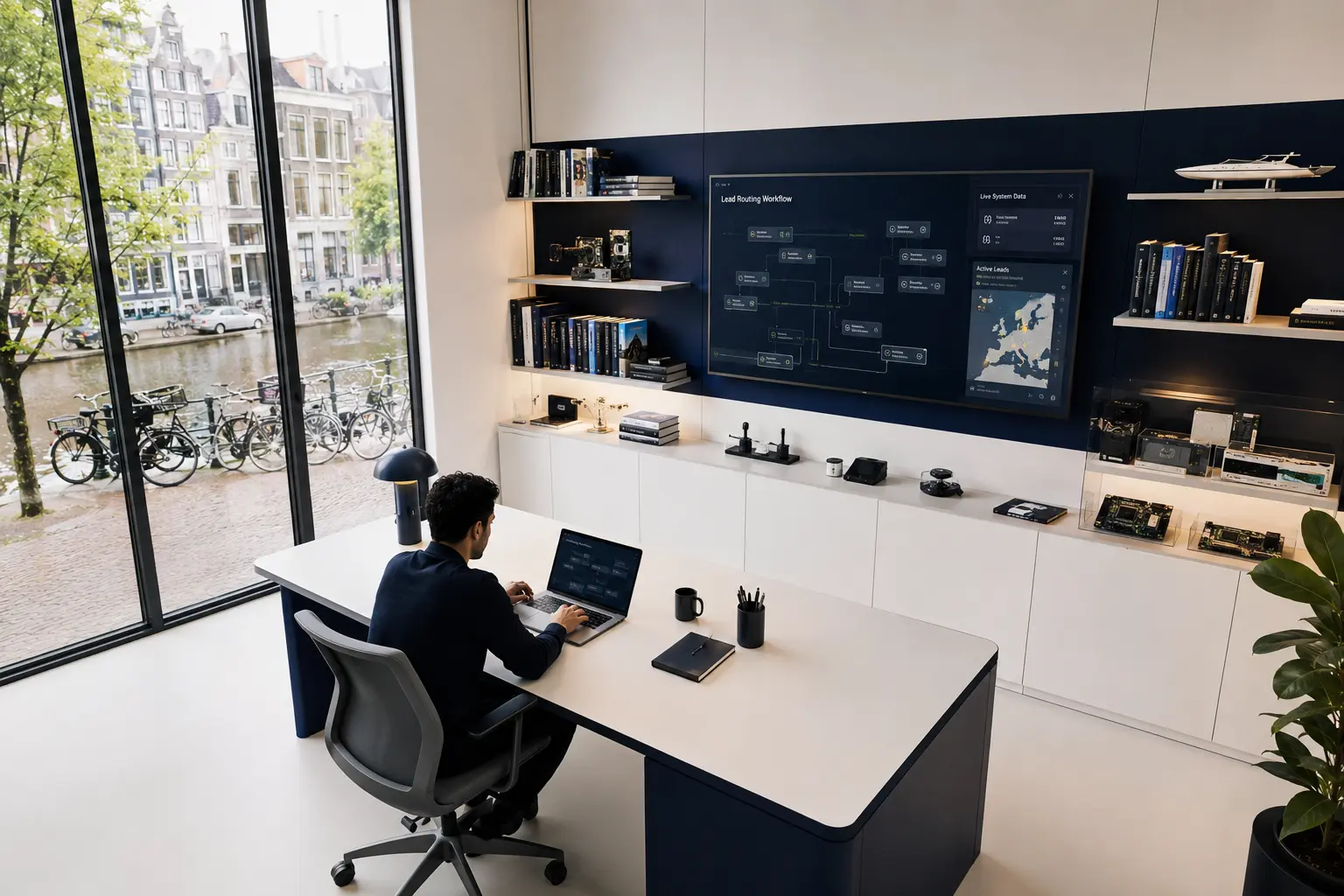 Software designer working in a bright Amsterdam studio overlooking a canal